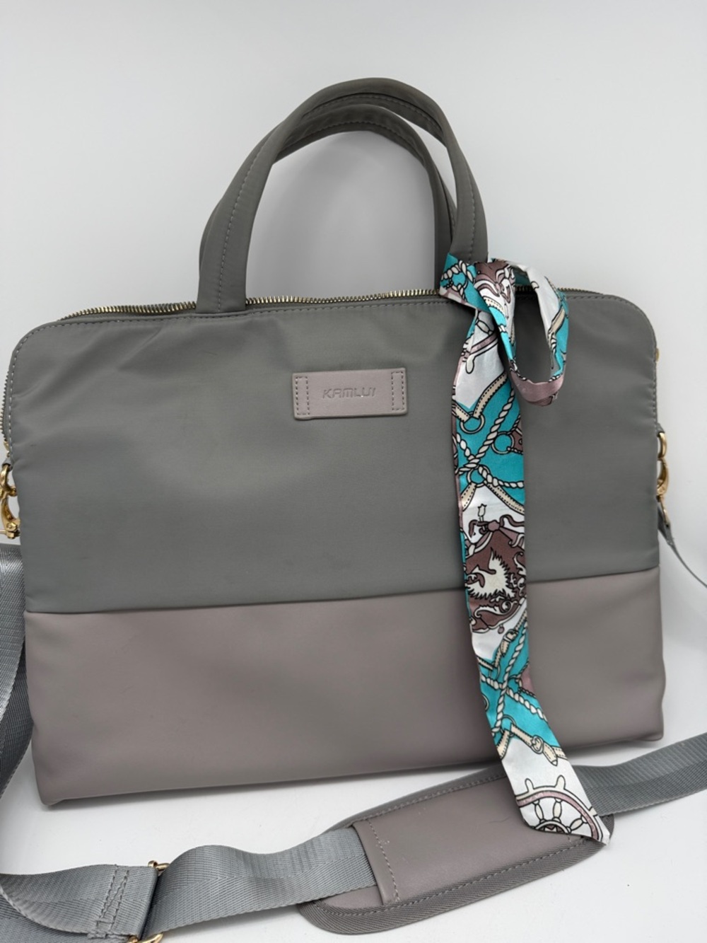 Kamilu Two-Tone Gray Laptop Tote with Silk Accent